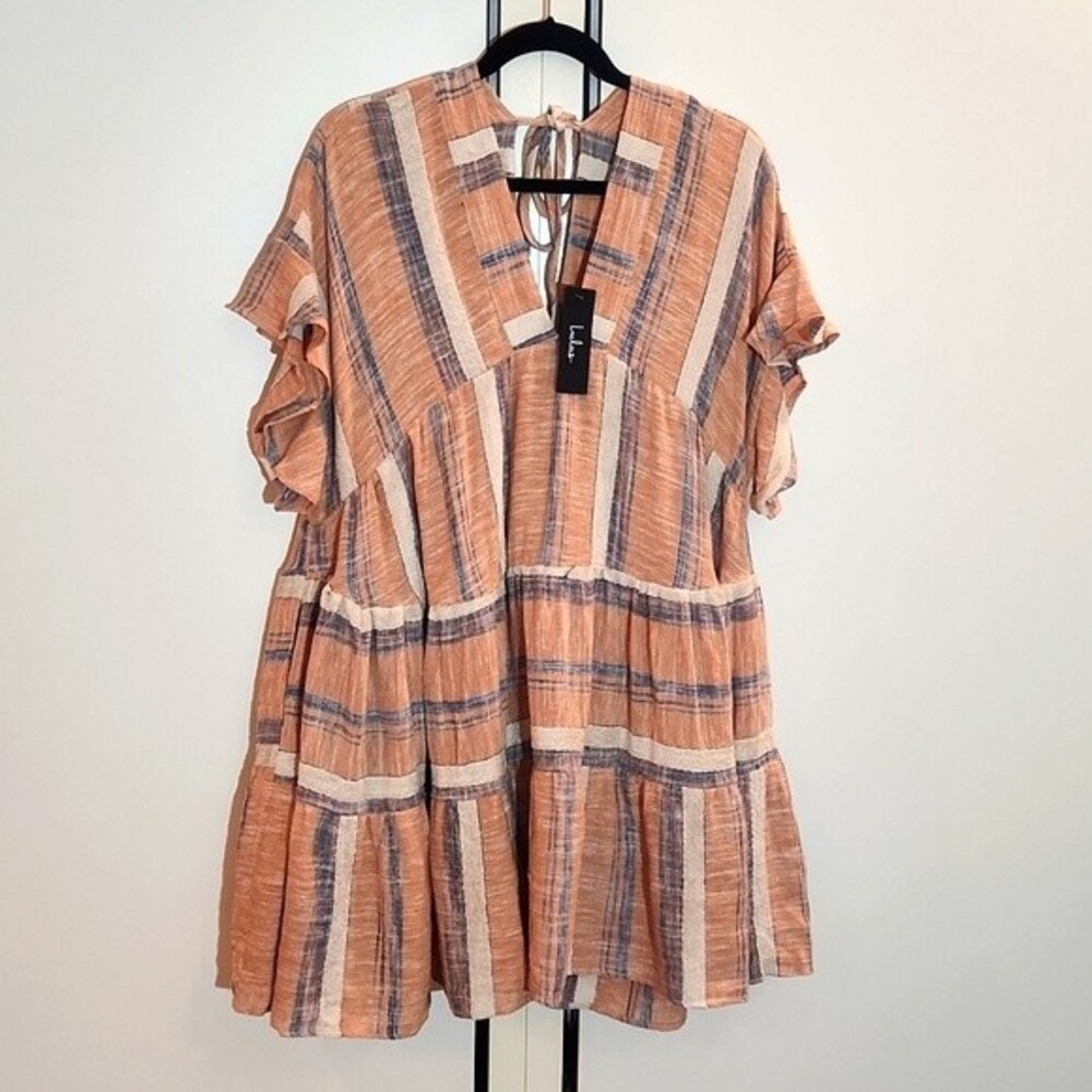 Lulus Linen Cover up Tiered Oversized Beach Boho V-neck dress Orange Blue size S